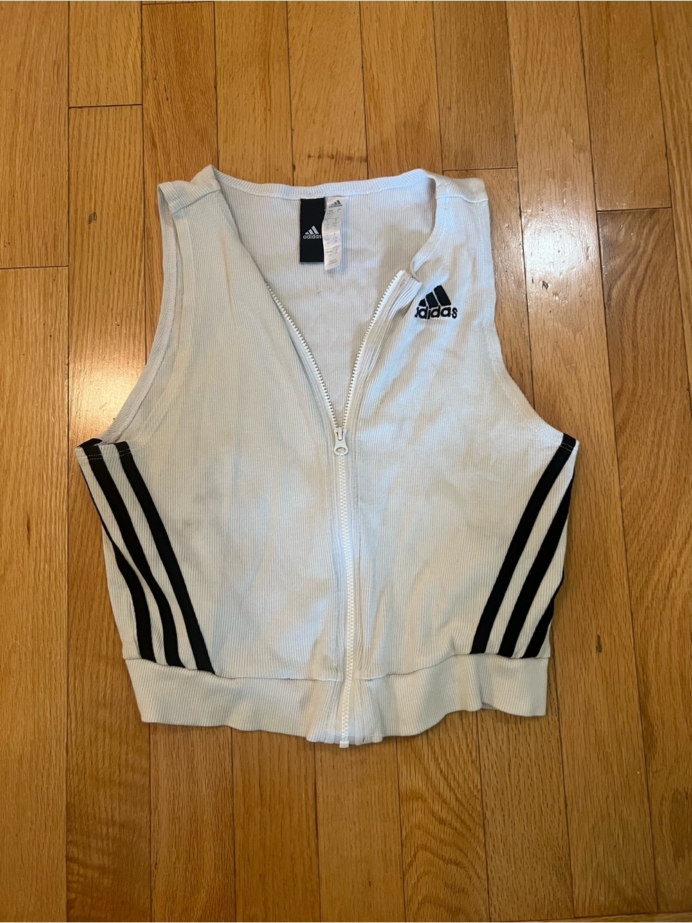 adidas White Sleeveless Zip-Front Athletic Tank with Black Stripes
